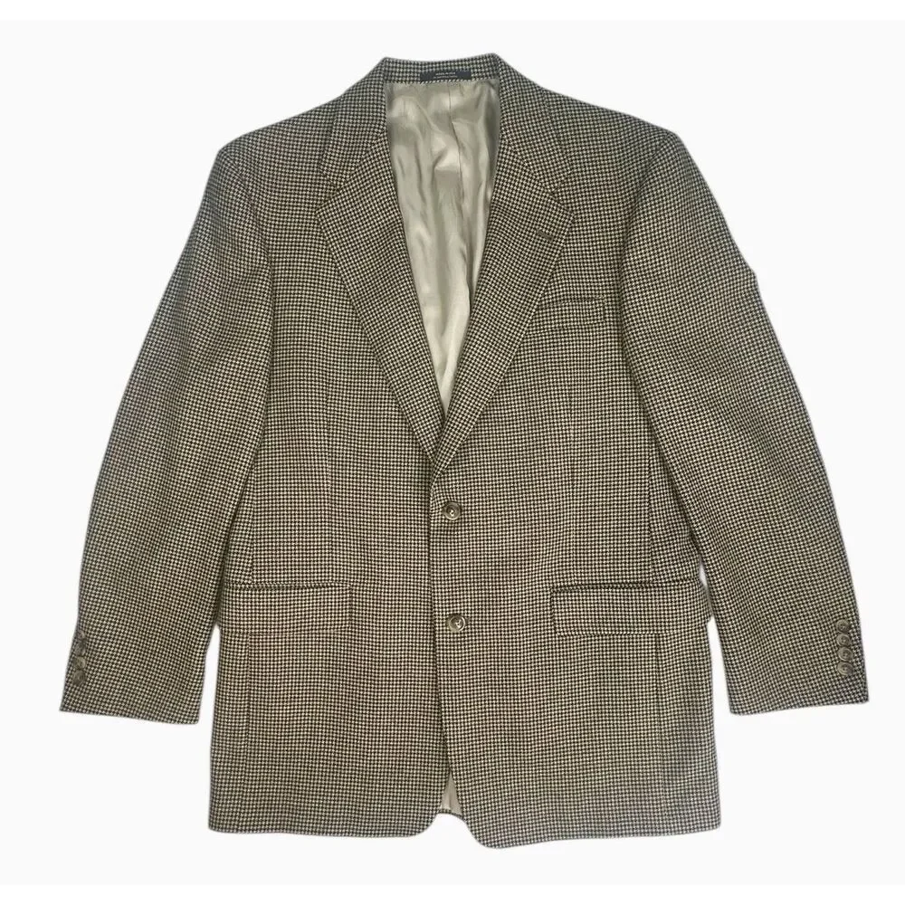 Vintage Hart Schaffner Marx Houndstooth Wool Blend Sport Coat 44R Tan Blazer USA
